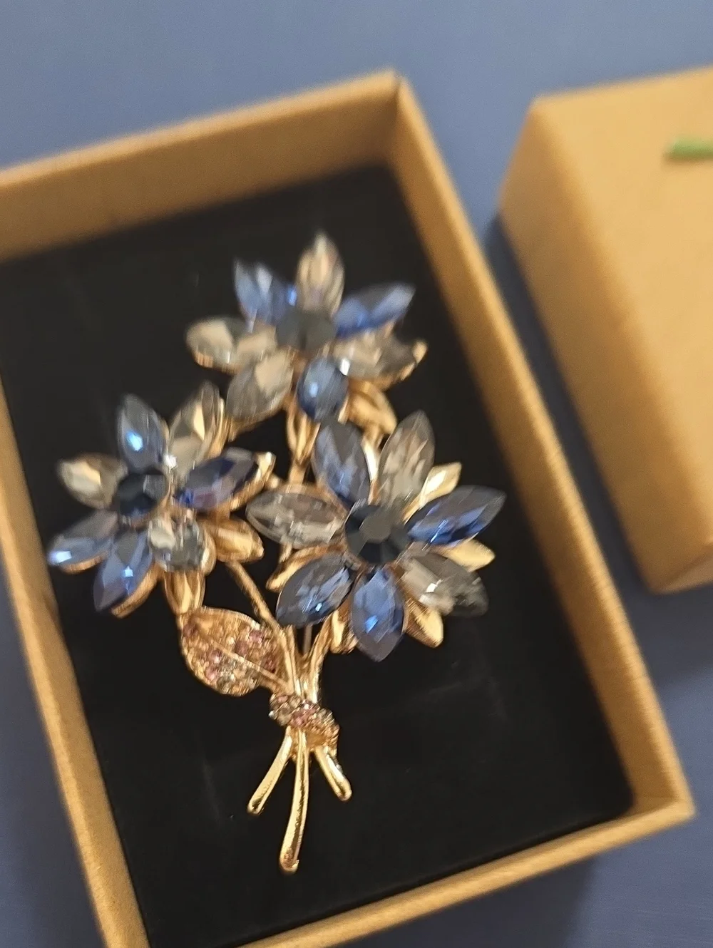 Gold-Tone Blue Crystal Flower Bouquet Brooch